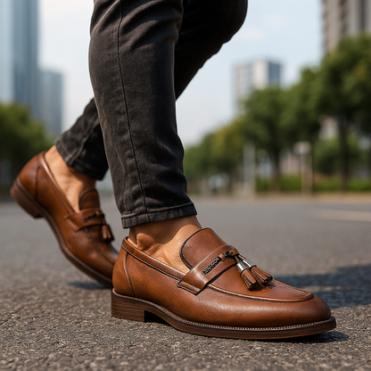 Men's Slippers Polished Surface Braided Tassel Strap Sewn Sole