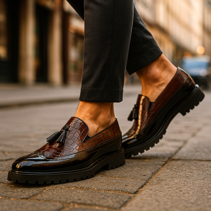 Men's Slip-On Shoes with Crocodile Pattern, Tassels, and Hand-Stitched Craftsmanship