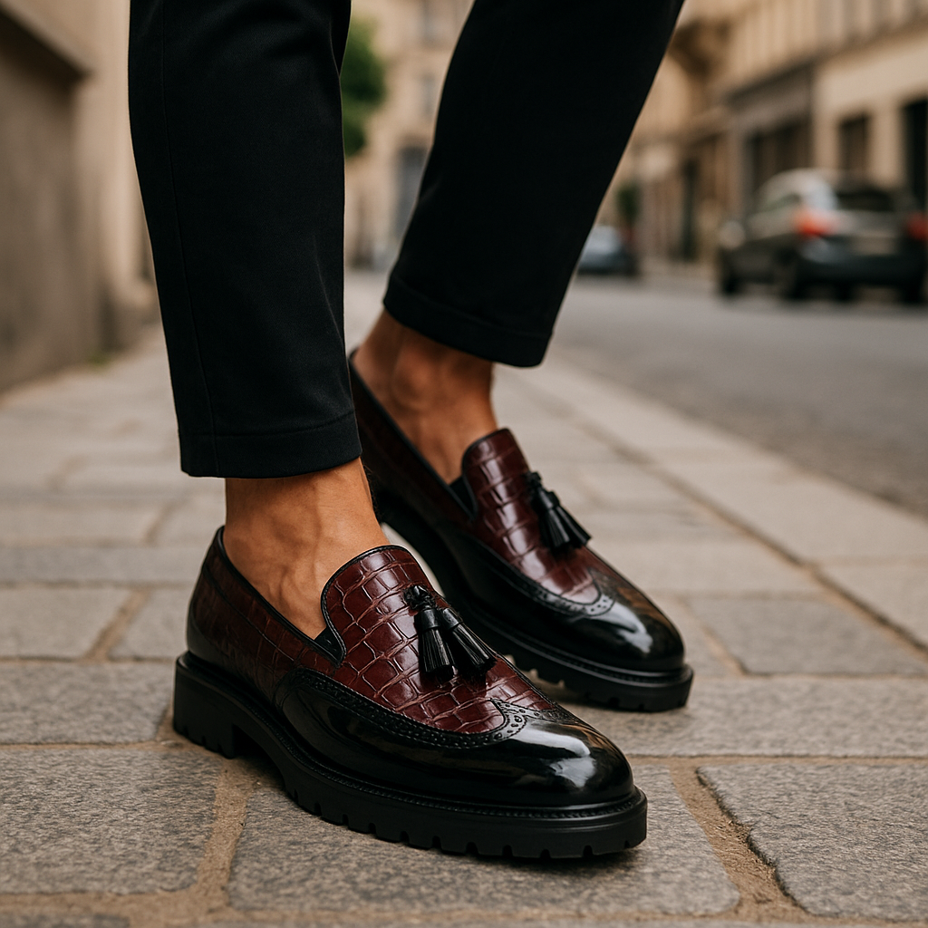 Men's Slip-On Shoes with Crocodile Pattern, Tassels, and Hand-Stitched Craftsmanship