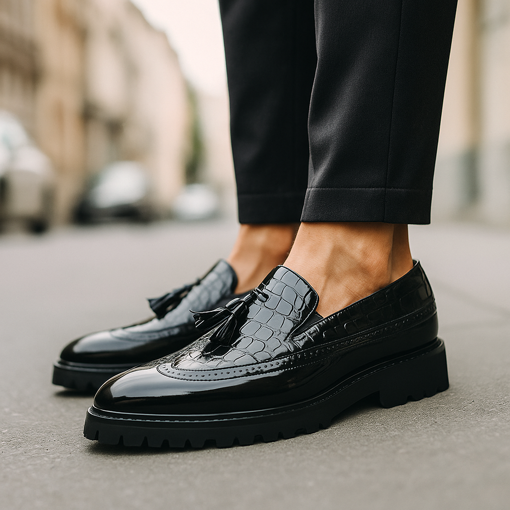 Men's Slip-On Shoes with Crocodile Pattern, Tassels, and Hand-Stitched Craftsmanship