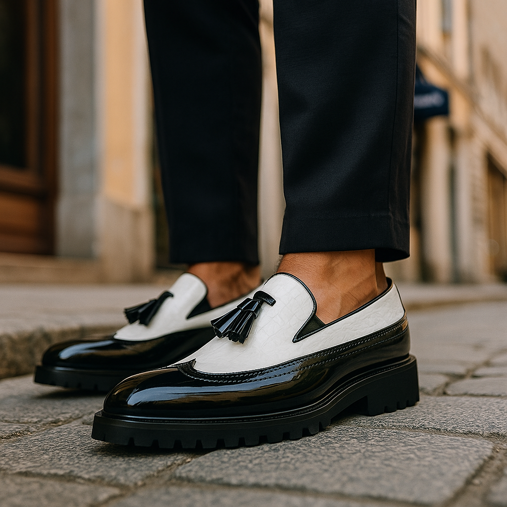 Men's Slip-On Shoes with Crocodile Pattern, Tassels, and Hand-Stitched Craftsmanship