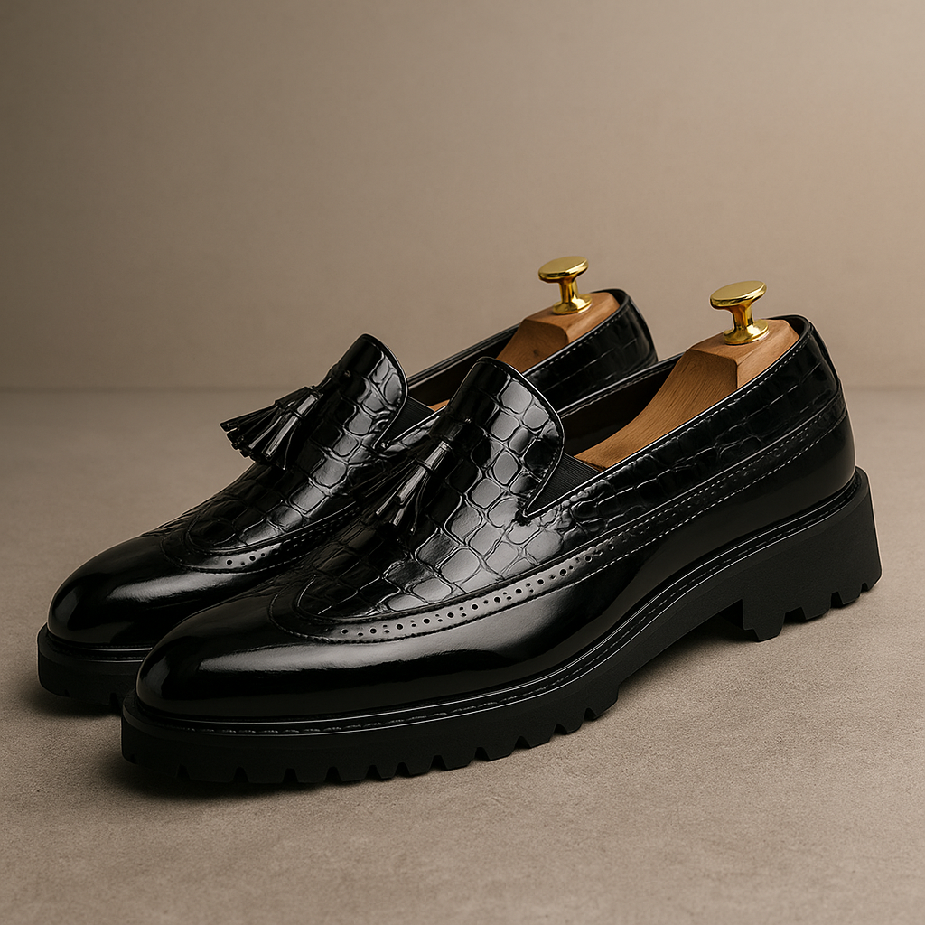 Men's Slip-On Shoes with Crocodile Pattern, Tassels, and Hand-Stitched Craftsmanship