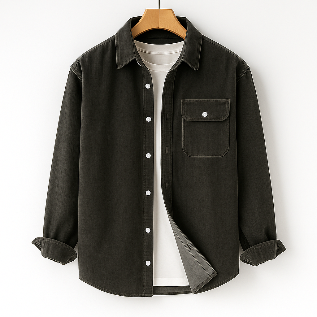 Men's Long Sleeve Shirt with Chest Pocket and Textured Surface