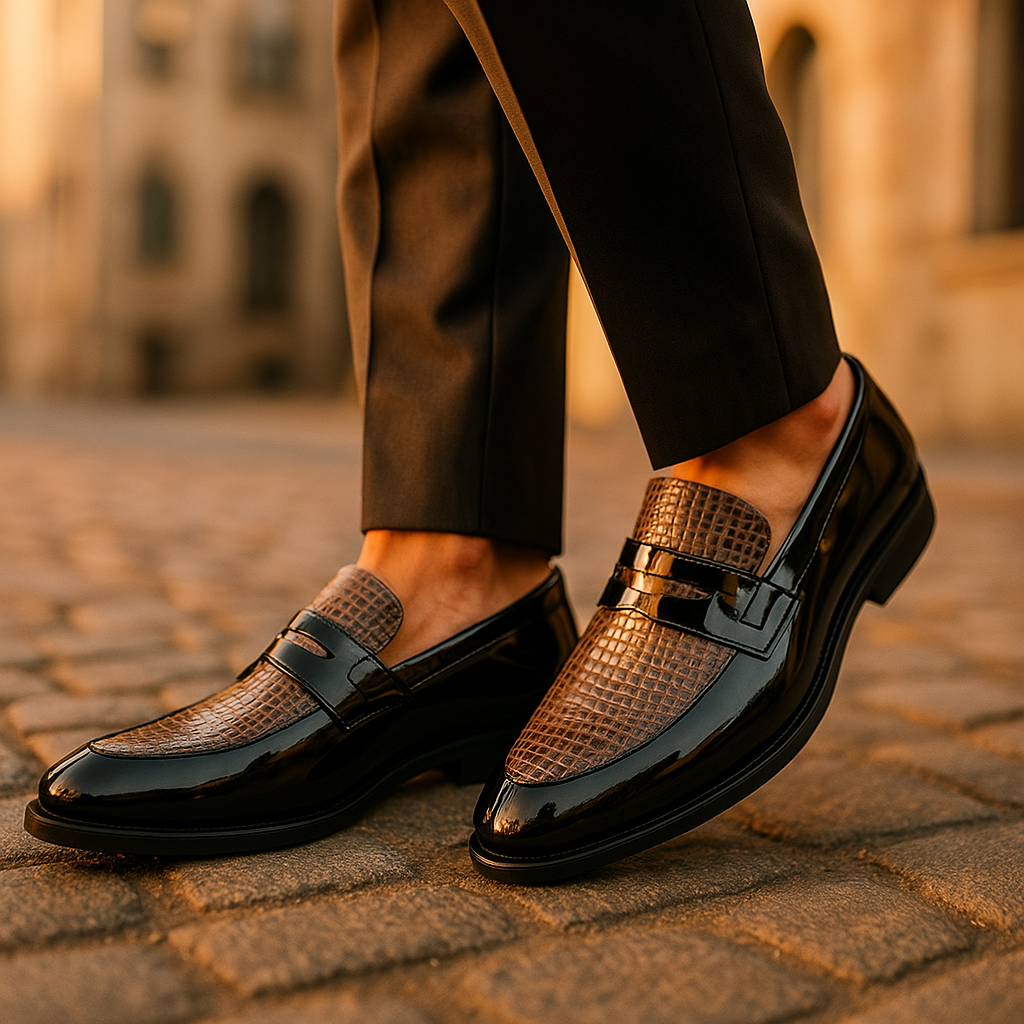 Herren Loafer Mit Lack-Finish Krokodilprägung Strukturierte Passform