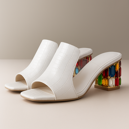 Women's Sandals Block Heel Crocodile Embossing Jewelry Detail