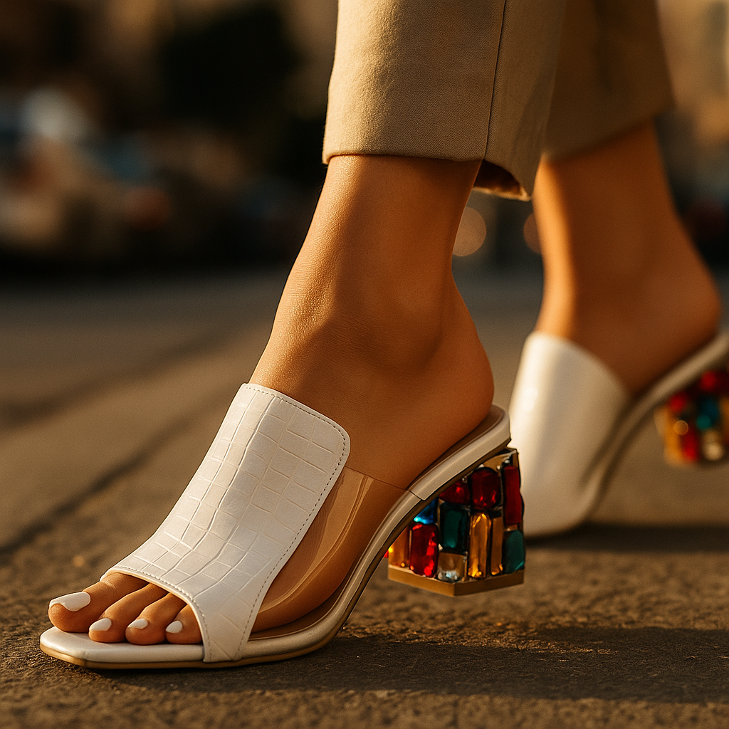 Women's Sandals Block Heel Crocodile Embossing Jewelry Detail