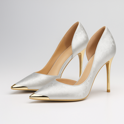 Damen Stiletto Heels Satin Jacquard Gold Akzent