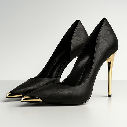 Damen Stiletto Heels Satin Jacquard Gold Akzent