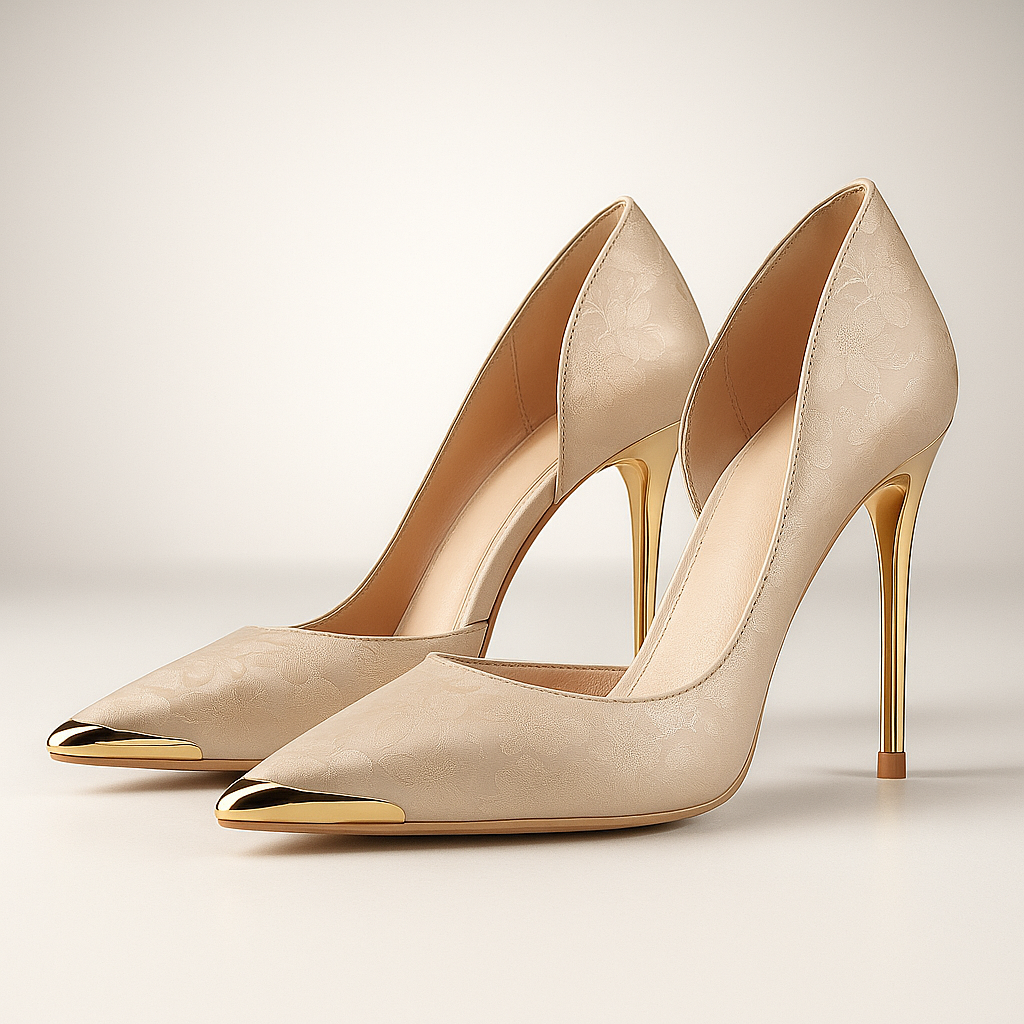 Damen Stiletto Heels Satin Jacquard Gold Akzent