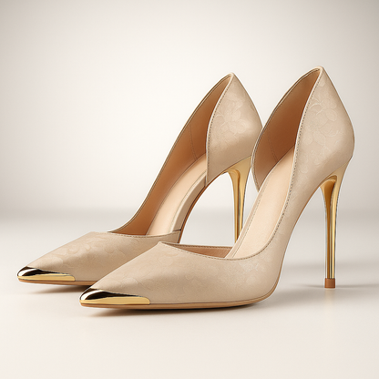 Damen Stiletto Heels Satin Jacquard Gold Akzent