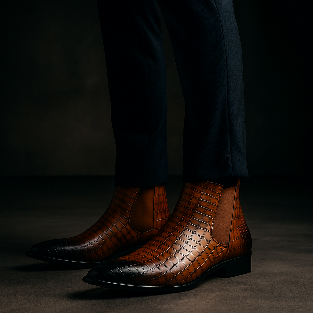 Men's Chelsea Boots with Snake Skin Texture and Cushioned Insole