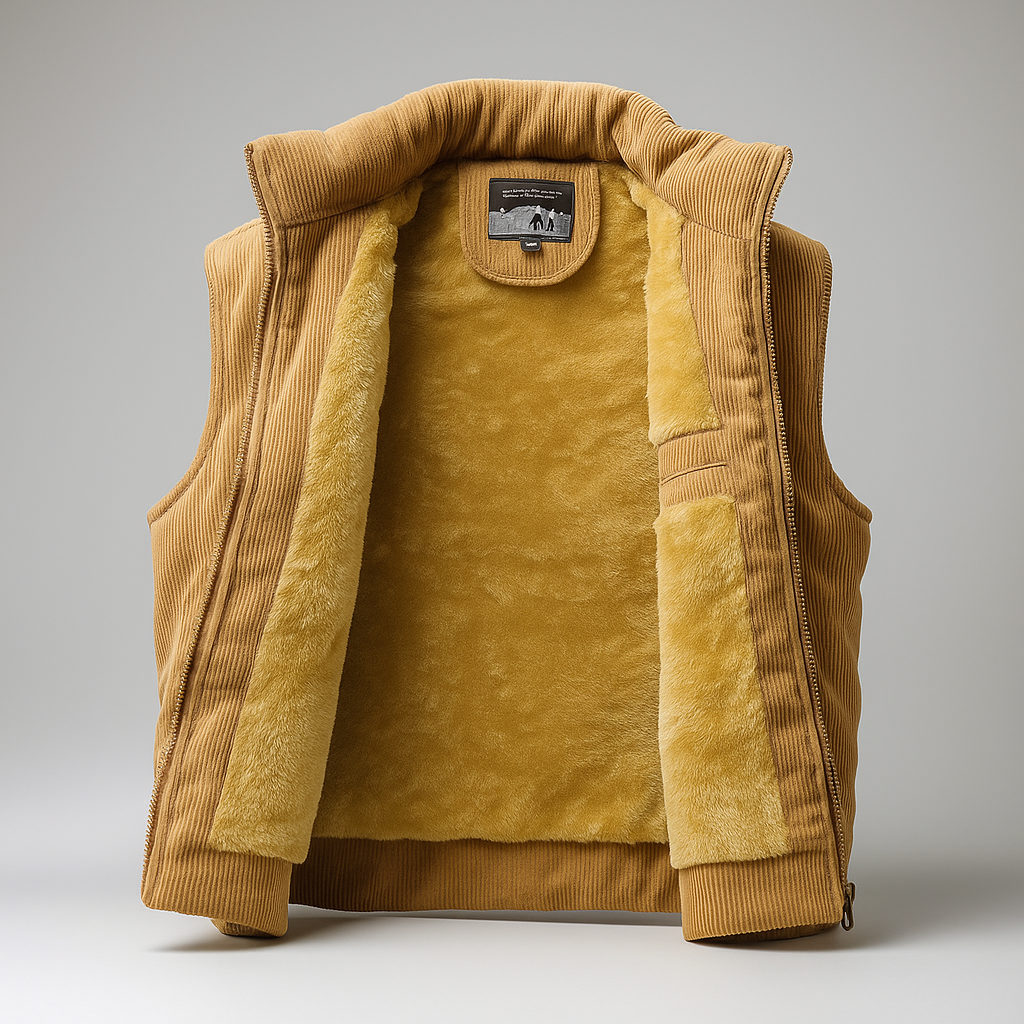 Men's winter vest with ribbed texture, full-length zipper, and side pockets