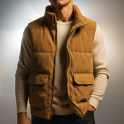 Men's winter vest with ribbed texture, full-length zipper, and side pockets