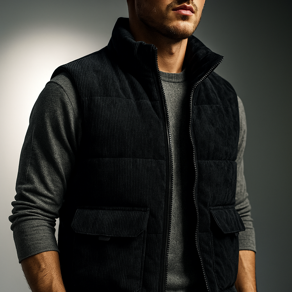 Men's winter vest with ribbed texture, full-length zipper, and side pockets
