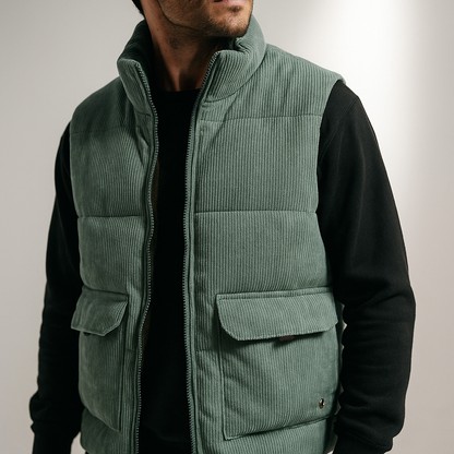 Men's winter vest with ribbed texture, full-length zipper, and side pockets