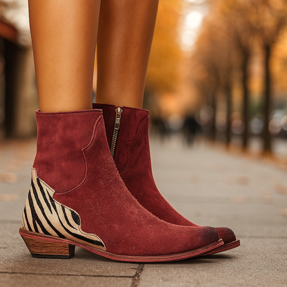 Damen-Stiefeletten aus Veloursleder mit orthopädischer, gepolsterter Innensohle, niedrigem Blockabsatz und Kontrasteinsatz