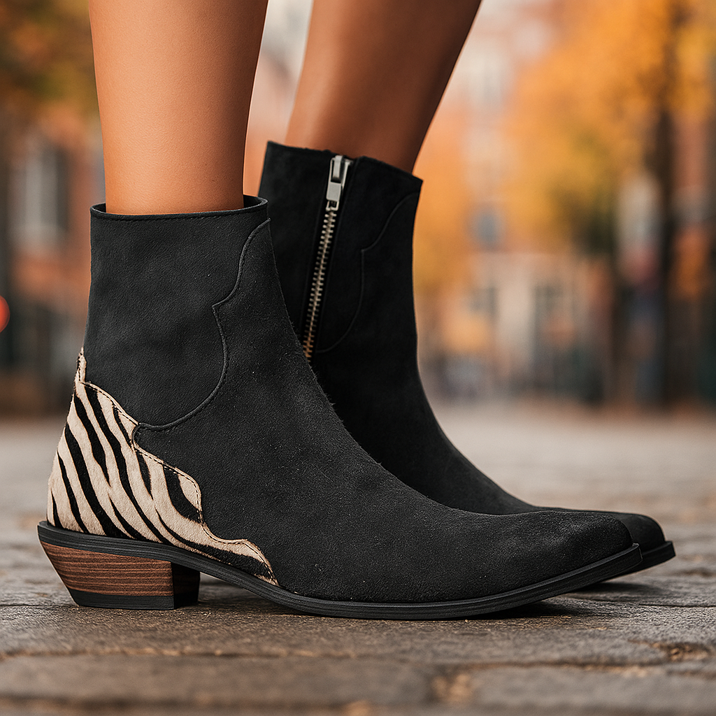 Damen-Stiefeletten aus Veloursleder mit orthopädischer, gepolsterter Innensohle, niedrigem Blockabsatz und Kontrasteinsatz