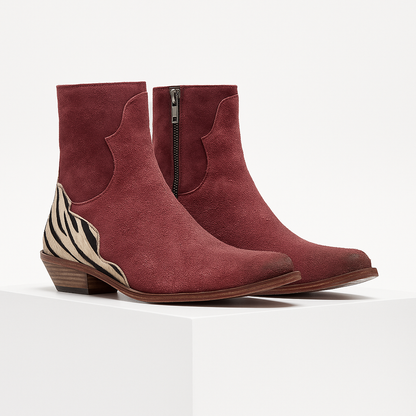Damen-Stiefeletten aus Veloursleder mit orthopädischer, gepolsterter Innensohle, niedrigem Blockabsatz und Kontrasteinsatz