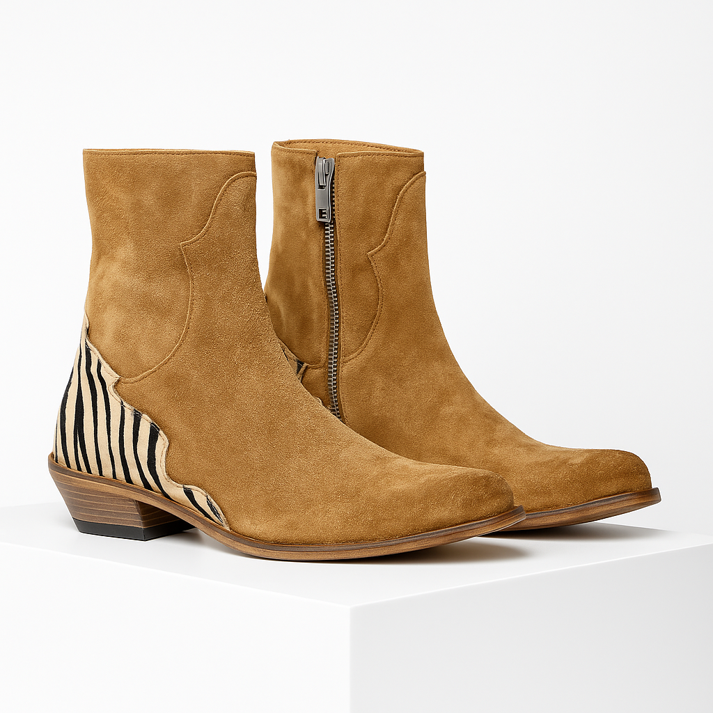 Damen-Stiefeletten aus Veloursleder mit orthopädischer, gepolsterter Innensohle, niedrigem Blockabsatz und Kontrasteinsatz