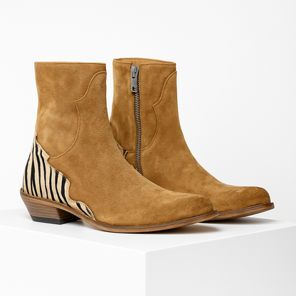 Damen-Stiefeletten aus Veloursleder mit orthopädischer, gepolsterter Innensohle, niedrigem Blockabsatz und Kontrasteinsatz