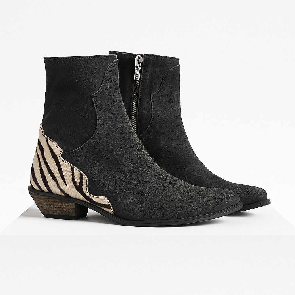 Damen-Stiefeletten aus Veloursleder mit orthopädischer, gepolsterter Innensohle, niedrigem Blockabsatz und Kontrasteinsatz
