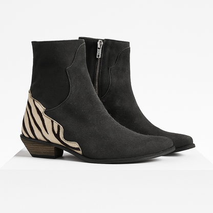 Damen-Stiefeletten aus Veloursleder mit orthopädischer, gepolsterter Innensohle, niedrigem Blockabsatz und Kontrasteinsatz