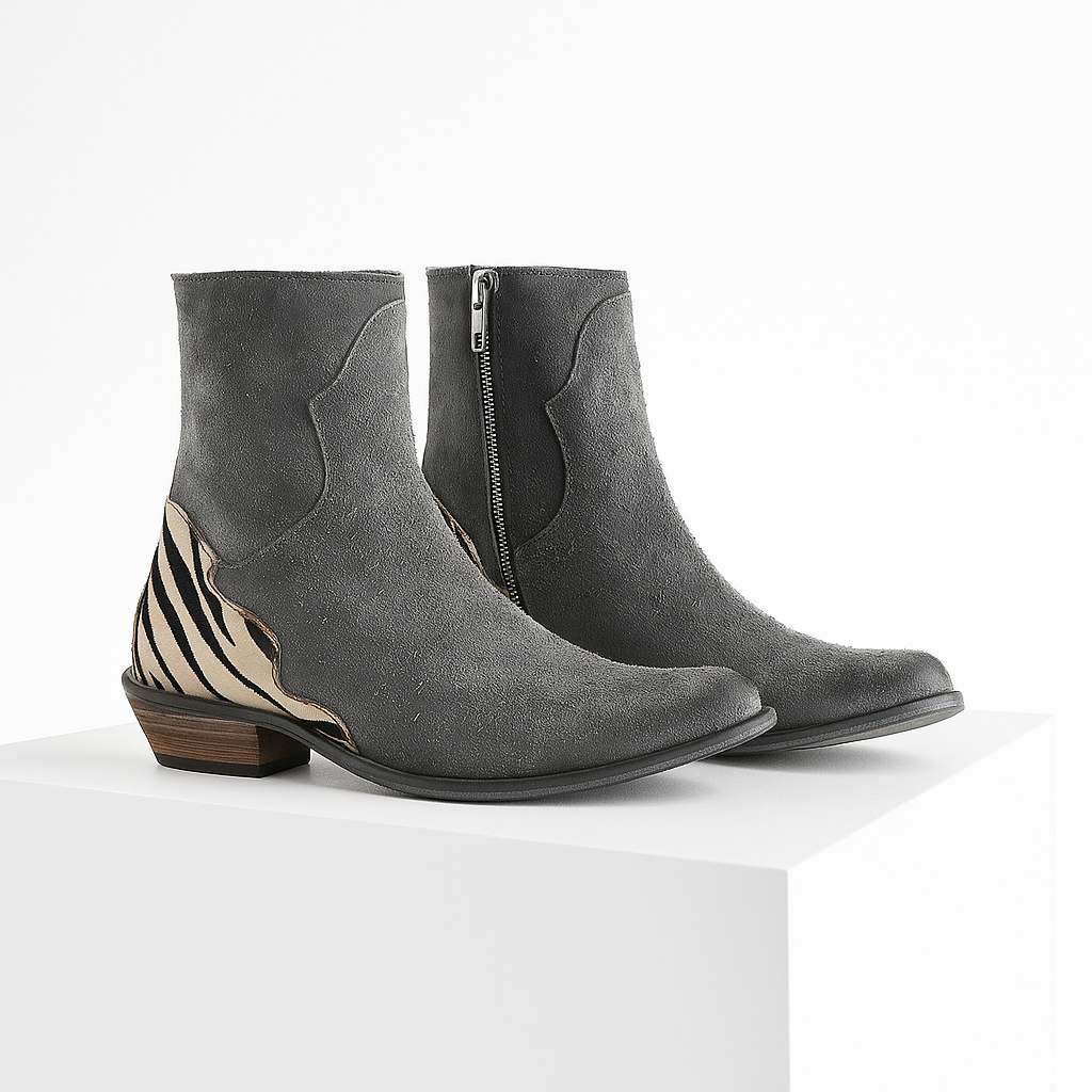 Damen-Stiefeletten aus Veloursleder mit orthopädischer, gepolsterter Innensohle, niedrigem Blockabsatz und Kontrasteinsatz