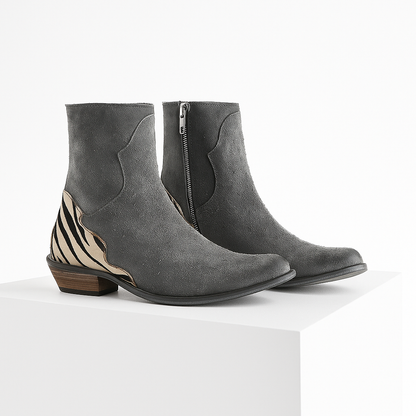 Damen-Stiefeletten aus Veloursleder mit orthopädischer, gepolsterter Innensohle, niedrigem Blockabsatz und Kontrasteinsatz