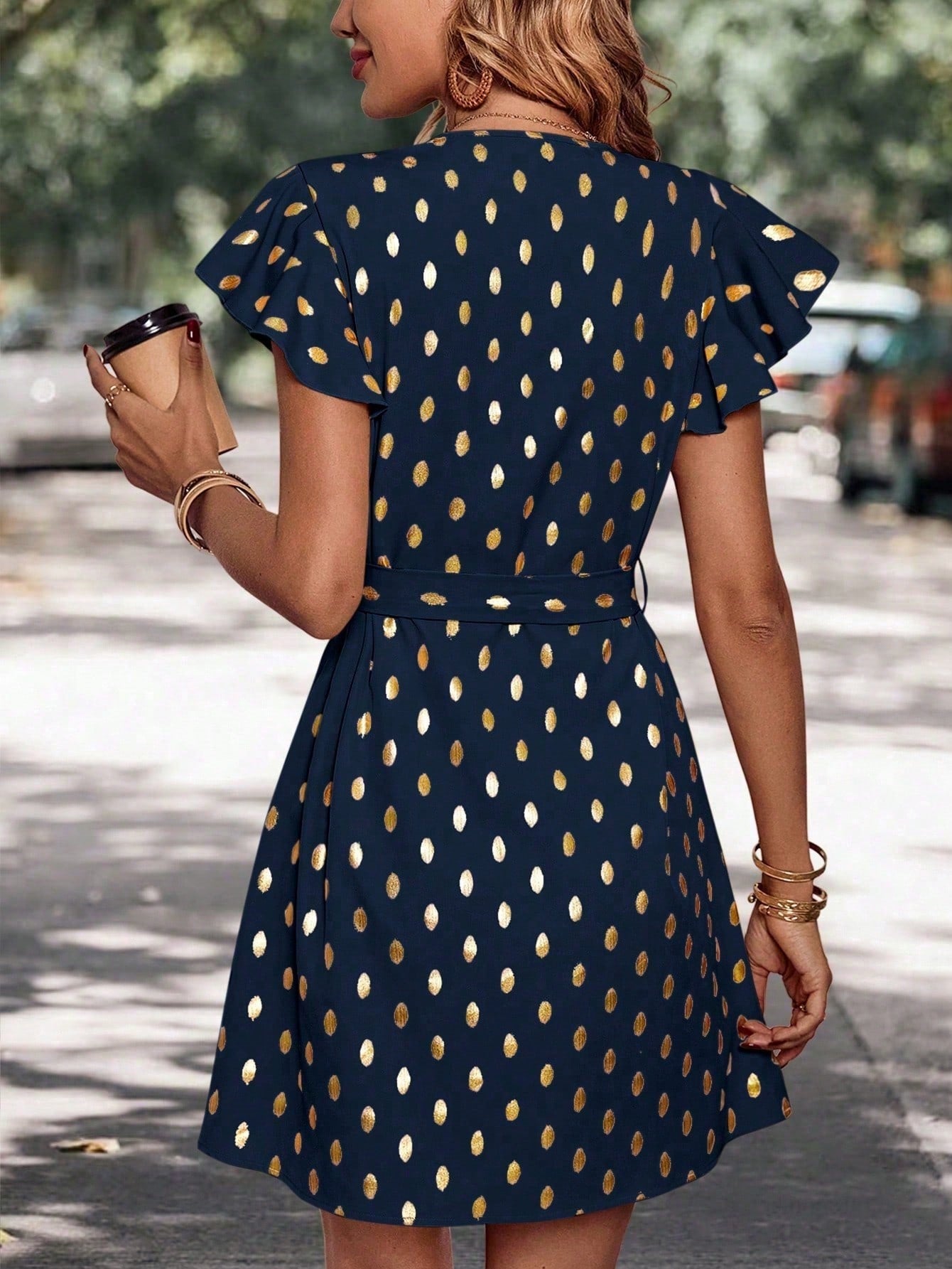 Sommerkleid Für Damen, Midi-Länge, Gepunktet, Hoher Bund, A-Linie, Lange Ärmel