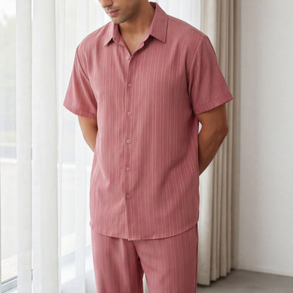 Herren Kurzarm-Loungewear-Set Mit Streifen, Bestehend Aus Langer Hose, Hemd Und Knopfleiste, Leichtes Zweiteiliges Outfit