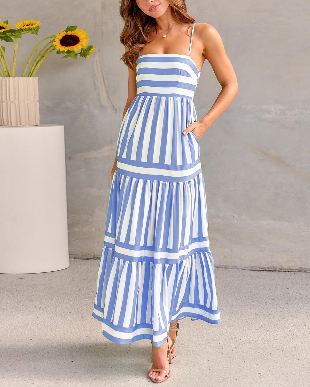 Women's summer maxi dress with stripe pattern, square neckline, backless & pockets – light style