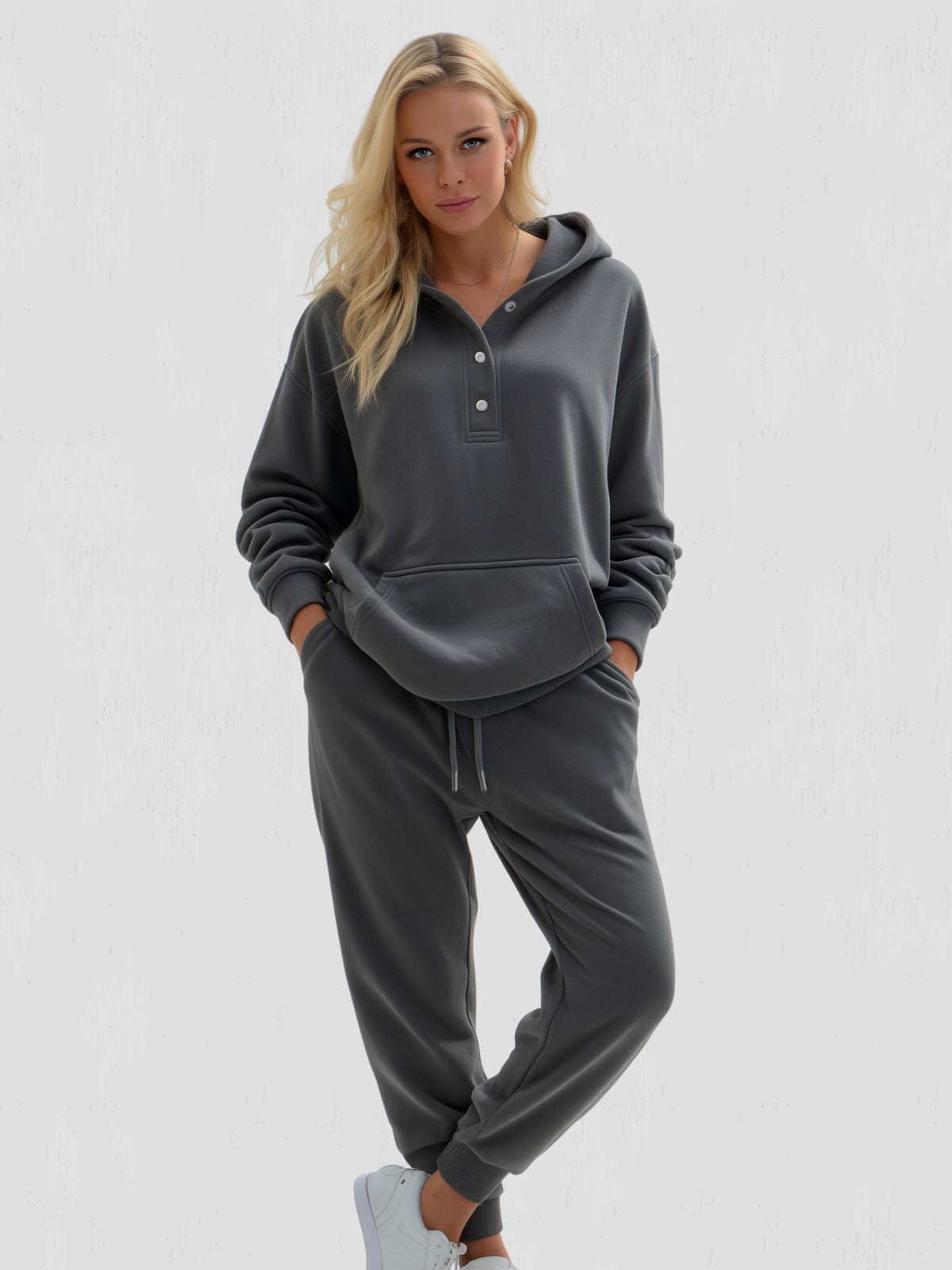 Women's Oversized Hoodie with Quarter Button Placket, Long Sleeves, Hood, Loose Fit