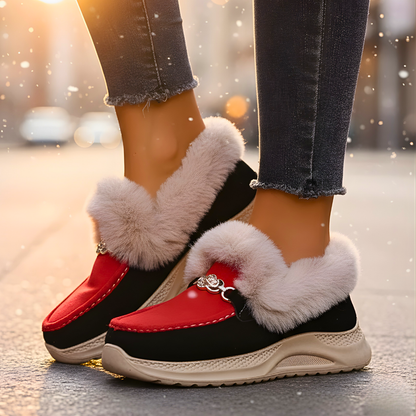 Damen Loafer Veganes Wildleder Orthopädische Plateausohle Kunstfellkragen mit Kettendetail