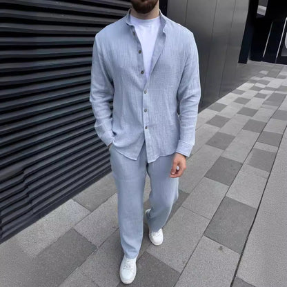 Herren Langarm-Zweiteiler-Set: Hemd Und Kurze Hose, Einfarbig, Mehrfarbig, Leichtes, Aufeinander Abgestimmtes Outfit