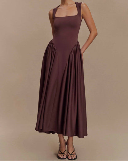Damen Midikleid mit Karree Ausschnitt – Faltendetails Taillierte Silhouette