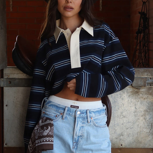 Women's Long-Sleeve Shirt with Striped Polo Collar