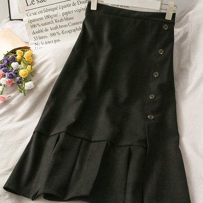 Women's mid-length skirt with button placket and side slit