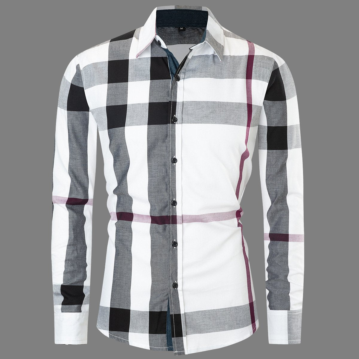 Men's long-sleeve cardigan shirt with checkered pattern and color block design