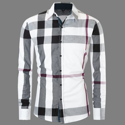 Men's long-sleeve cardigan shirt with checkered pattern and color block design