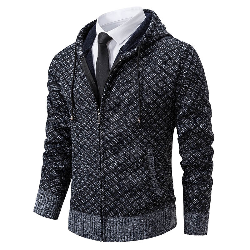 Dunkelblauer Herren-Hoodie mit geometrischem Muster, Reißverschluss und Kapuze, kombiniert mit weißem Hemd und schwarzer Krawatte. Elegante Freizeitmode.
