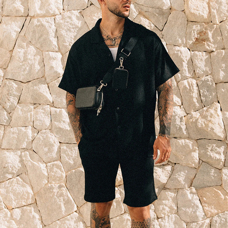Men's Summer Short Sleeve Printed T-Shirt and Shorts Two-Piece Set Street Style Outfit Polyester Fiber Lightweight Wear