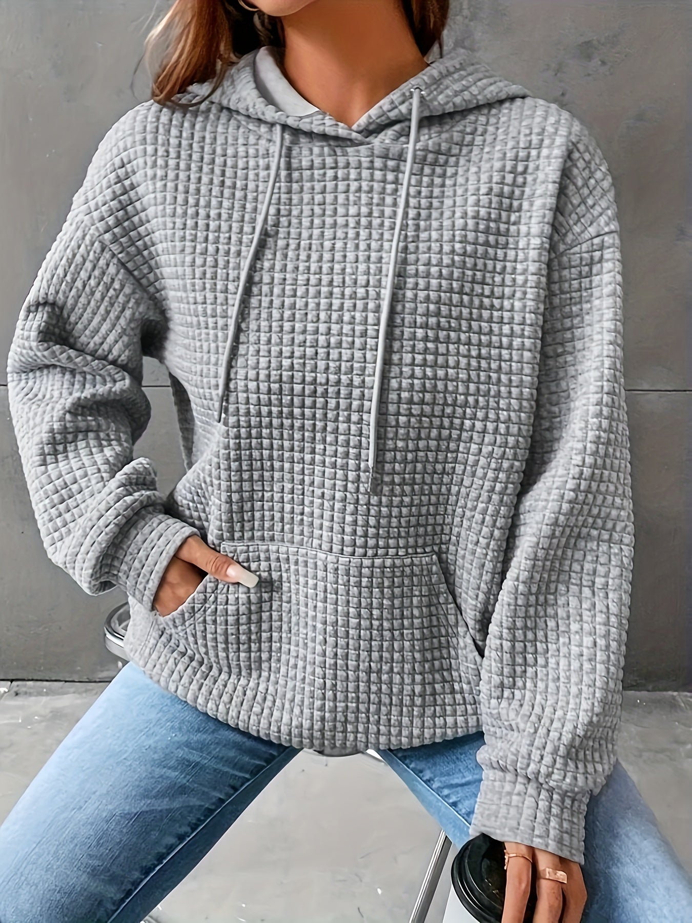 Damen Hoodie Waffelstrick Textur Kordelzug Kängurutasche