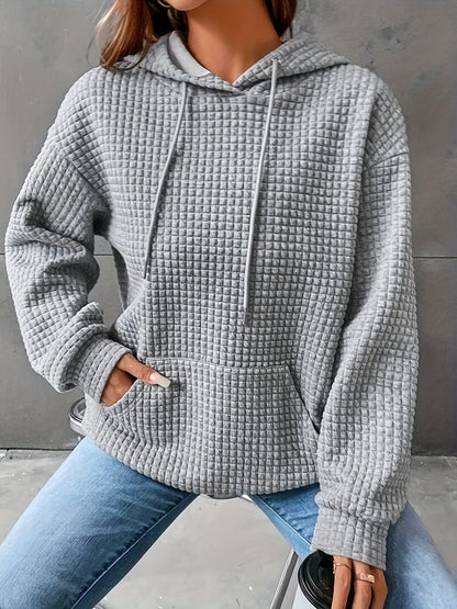 Damen Hoodie Waffelstrick Textur Kordelzug Kängurutasche