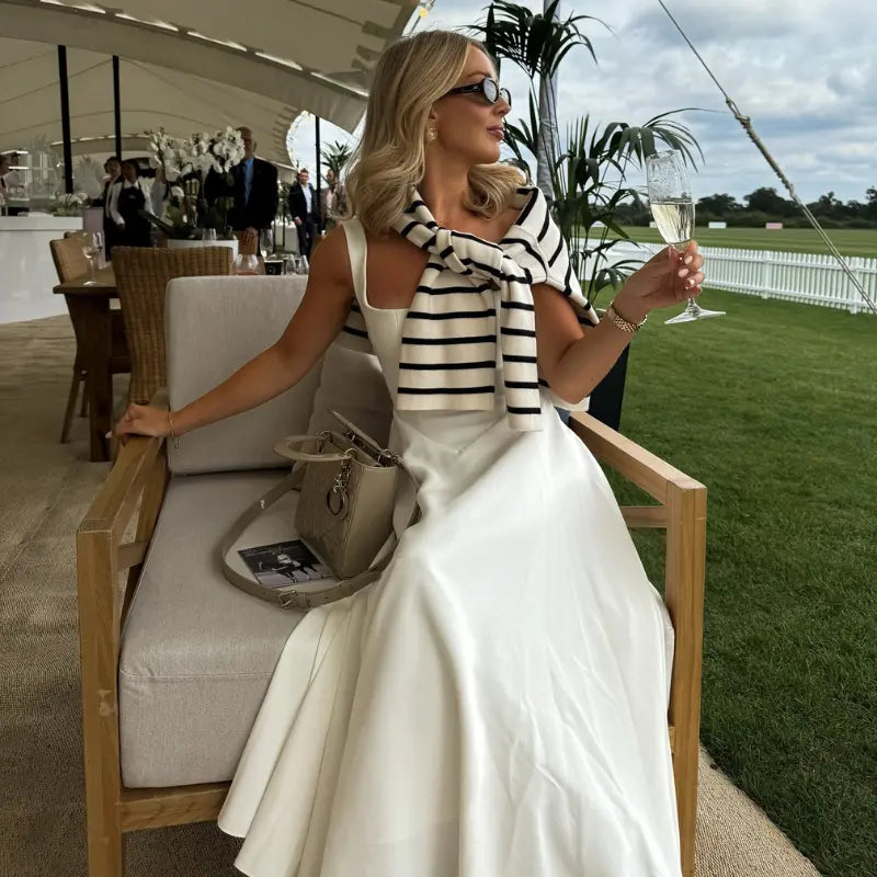 Women's mid-length dress with square neckline, V-shaped waist, and built-in cups