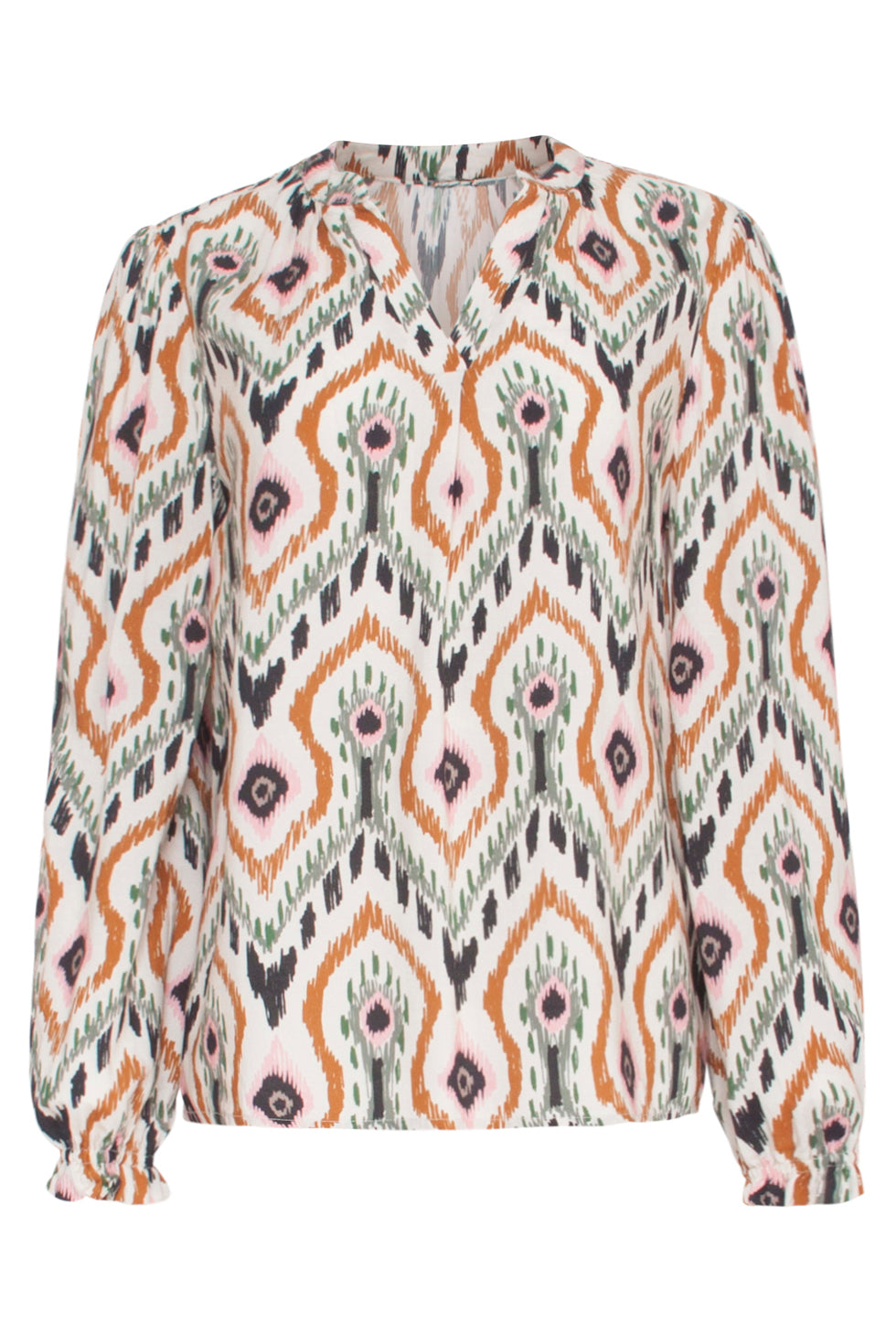 Women's V-neck Top with Loose Fit, Neutral Tribal Pattern, and Short Length