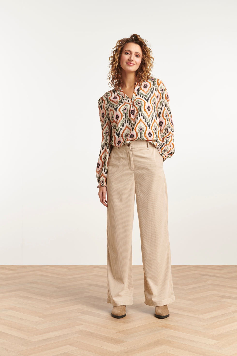 Women's V-neck Top with Loose Fit, Neutral Tribal Pattern, and Short Length