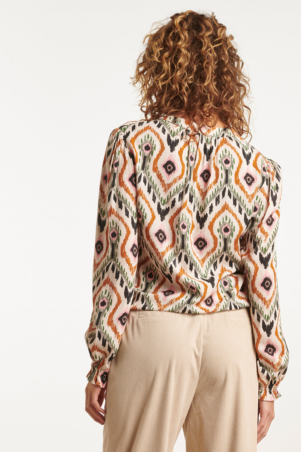 Women's V-neck Top with Loose Fit, Neutral Tribal Pattern, and Short Length