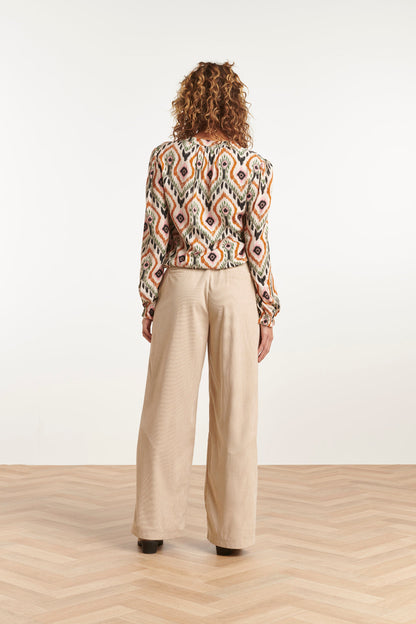Women's V-neck Top with Loose Fit, Neutral Tribal Pattern, and Short Length