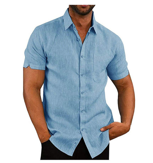 Herrenhemd kurzarm blau, Leinenoptik, klassischer Kragen, Knopfleiste, lässiger Stil, ideal für Sommermode und Freizeitkleidung.