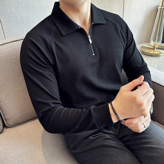 Men's Polo Shirt with Half Zipper, Seersucker Texture, and Regular Fit